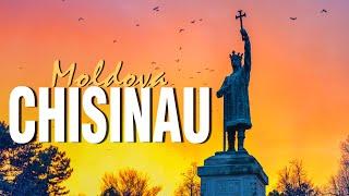 Chisinau Orange sunset and Christmas Market Decorations in January 2023, Moldova