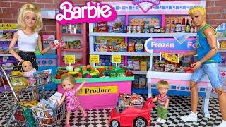 Barbie & Ken Doll Family Grocery Shopping for Mini Food