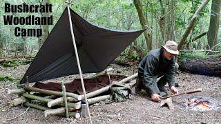 Solo Woodland Bushcraft Camp with Minimal Gear. Poncho Shelter and Raised Bed. Caveman Steak