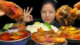 ASMR EATING SPICY MUTTON CURRY, FISH CURRY, CHICKEN CURRY, FISH FRY, EGG CURRY WITH RICE