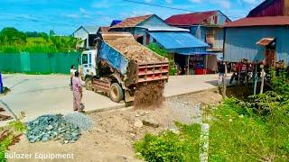 AMAZING New Project !! FIRST Job Burying​ Land Deep Of Dump Truck Unloading Soilsrocks - Dozer Push