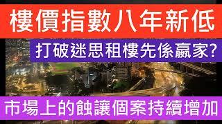 樓價指數八年新低 二手樓市持續向下，市場上的蝕讓個案持續增加 9月份樓價指數最新報287 9點，按月跌1 7%，連跌五個月，兼創約8年新低 樓價短期仍會橫行 但大量供應下必定會繼續下跌 樓市分析 樓盤