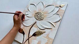 White Flower Textured Wall Art 3D Flower Painting on Wooden Board | Gold Leaf Art