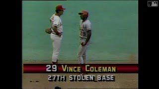 After 17 pickoff attempts, Vince Coleman steals second base