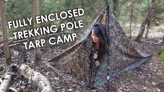 Camping in Fully Enclosed Trekking Pole Tarp + Cook Lamb on Firebox 