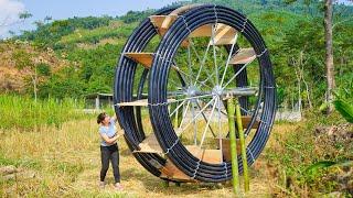 Create A Giant Water Wheel From Iron And Wood. PVC Water Pipe To Bring Water To The Farm