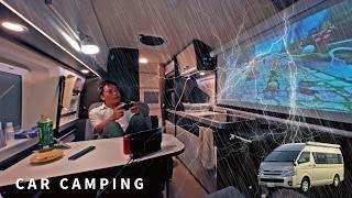 [Car camping in heavy rain] Late night with disaster-level heavy rain [Hiace camper]