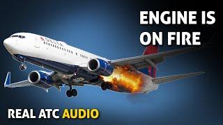 ENGINE FIRE During takeoff. Delta Boeing 737-900. REAL ATC