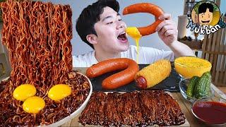 ASMR MUKBANG 짜파게티 & 팽이 버섯 & 소세지 BLACK BEAN NOODLES & ENOKI MUSHROOM & SAUSAGE EATING SOUND!