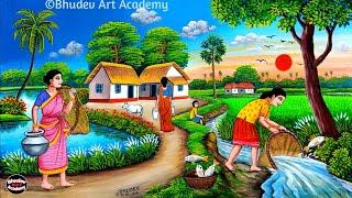 Beautiful Village Landscape Scenery Painting| Indian Village Scenery Painting With EarthWatercolor