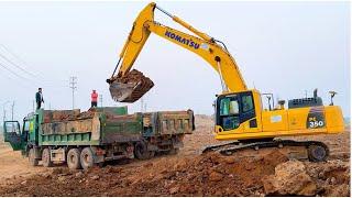 Xe công trường: Máy xúc múc đất, xúc cát đổ đầy thùng xe ben - Excavator Construction