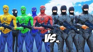 Spider-Man, Green Spiderman, Blue Spiderman, Yellow Spiderman, Black Spiderman VS RoboCop Army