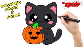 Como Desenhar um Gato e uma Abóbora | Como Desenhar Desenhos de Halloween Gatinho Kawaii