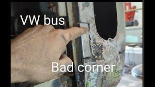 1969 VW bus rear corner repair. Accident damage, rot and filler.