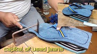 Making women's high heel flip-flops manually with jeans