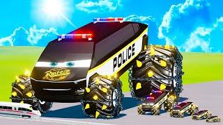 Big & Small Police Tesla Cybertruck Spiked Thorns Monster Truck McQueen vs Thomas Train BeamNG.Drive