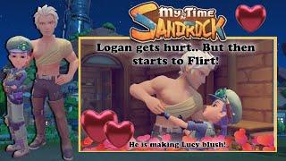 Logan Gets hurt, But then starts to Flirt, and making Lucy blush, In my time at Sandrock