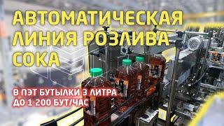 Автоматическая линия розлива сока в ПЭТ бутылки 3 литра до 1200 бут/час. Обзор полного цикла