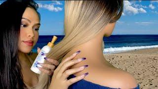 ASMR Girl At The Beach Plays W/ Your Hair + Back Scratch / Tracing & Face Touching | Summer Roleplay