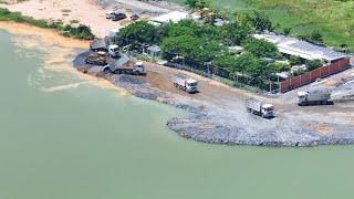 Best Showing Action Of Bulldozer Working On a Big Lake With DumpTruck SHACMAN