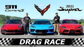 C8 Corvette vs 992 Carrera S vs 2021 Toyota Supra // DRAG RACE, ROLL RACE & LAP TIMES