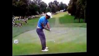 Tiger Woods stops driver swing midstroke at Bridgestone Invitational. Amazing strength!