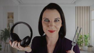 ASMR Hearing Test (ear exam, whispered words, headphone beeps, tuning fork)