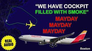 MAYDAY. Emergency return. Iberia A330 returns to Boston due to smoke on board. Real ATC