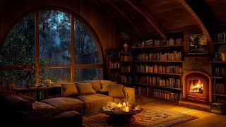 Rainy Night in Cozy Reading Nook ~ Soft Jazz Music ️ Heavy Rain, Fireplace Sounds for Sleeping