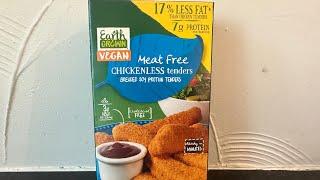 Aldi Earth Grown Meat Free Chickenless Tenders Breaded Soy Protein tenders #veganfoodtastetest