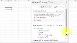 AI aided Formula Editor Add-Ins in Excel 365