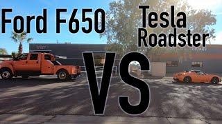 Tesla vs Ford: Roadster and F650 Truck Tow Pull Challenge!