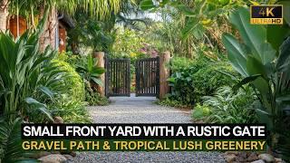 Transform Your Small Front Yard with a Rustic Gate, Gravel Path & Tropical Lush Greenery!