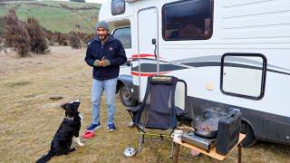 Winter RV Camping With Dog In Rain Storm