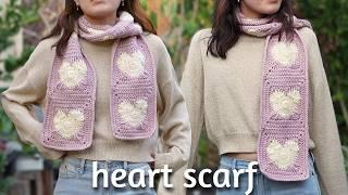 Crochet Heart Scarf Tutorial | Heart Granny Square Scarf