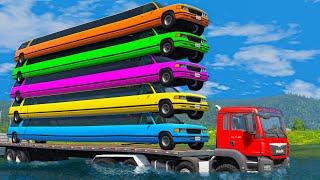 Limousine Long Cars Flatbed Trailer Ramp Truck Car Rescue - Cars vs Deep Water #3 - BeamNG.drive