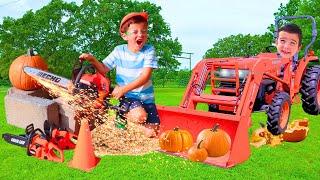 Chainsawing pumpkins with toy chainsaw and driving real tractor, kids tractor, & truck | Super Krew