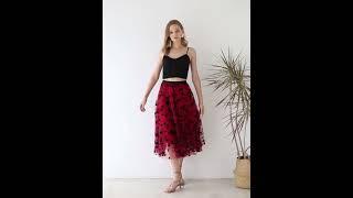 3D Posy Double-Layered Mesh Midi Skirt in Red
