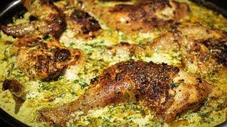 Fried,roasted chicken in creamy garlic sauce (Georgian Chkmeruli version)