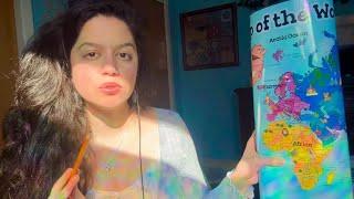 asmr • soft world geography teacher uses children’s map to teach countries + continents