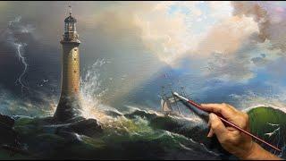 "Storm at sea" Seascape, lighthouse, ship, how to paint, Easy Art. Урок рисования. Acrylic Painting.