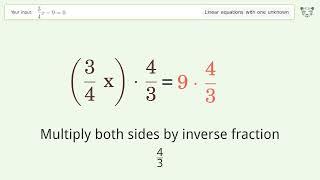 Solve 3/4x-9=0: Linear Equation Video Solution | Tiger Algebra