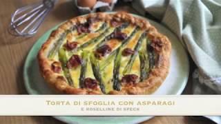 Torta di sfoglia con asparagi e roselline di speck