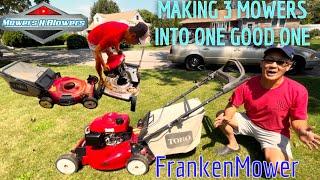 MAKING ONE GOOD TORO RECYCLER LAWNMOWER OUT OF 3 BROKEN ONES USED HONDA ENGINE MODIFICATION MOUNTING