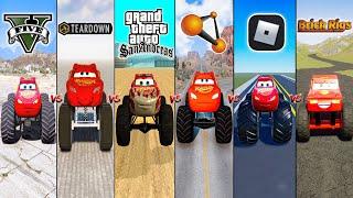 GTA 5 MONSTER TRUCK LIGHTNING MCQUEEN VS TEARDOWN VS GTA SA VS BEAMNG VS ROBLOX VS BRICK RIGS