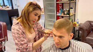 ️ BANGKOK LADY BARBER gives me a Great Time  ASMR Haircut, Wash and Head Massage