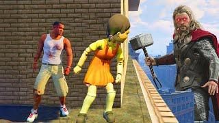 Franklin play HIDE AND KILL with Squid Game Doll & THOR In GTA 5...