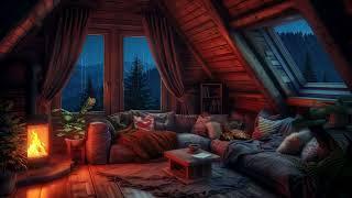 Cozy Attic Living Room Rainstorm - Rain, Fireplace, and Sleeping Cat Ambiance