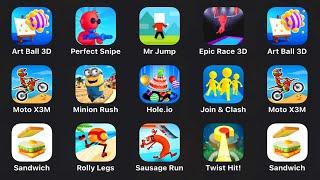 Art Ball 3D, Perfect Snipe, Mr Jump, Epic Race 3D, Moto X3M, Minion Rush, Hole.io, Join & Clash