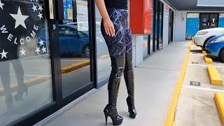 Georgia Reviews Pleaser DELIGHT-3000 Shiny Black 6 Inch Thigh High Platform Boots with Walking